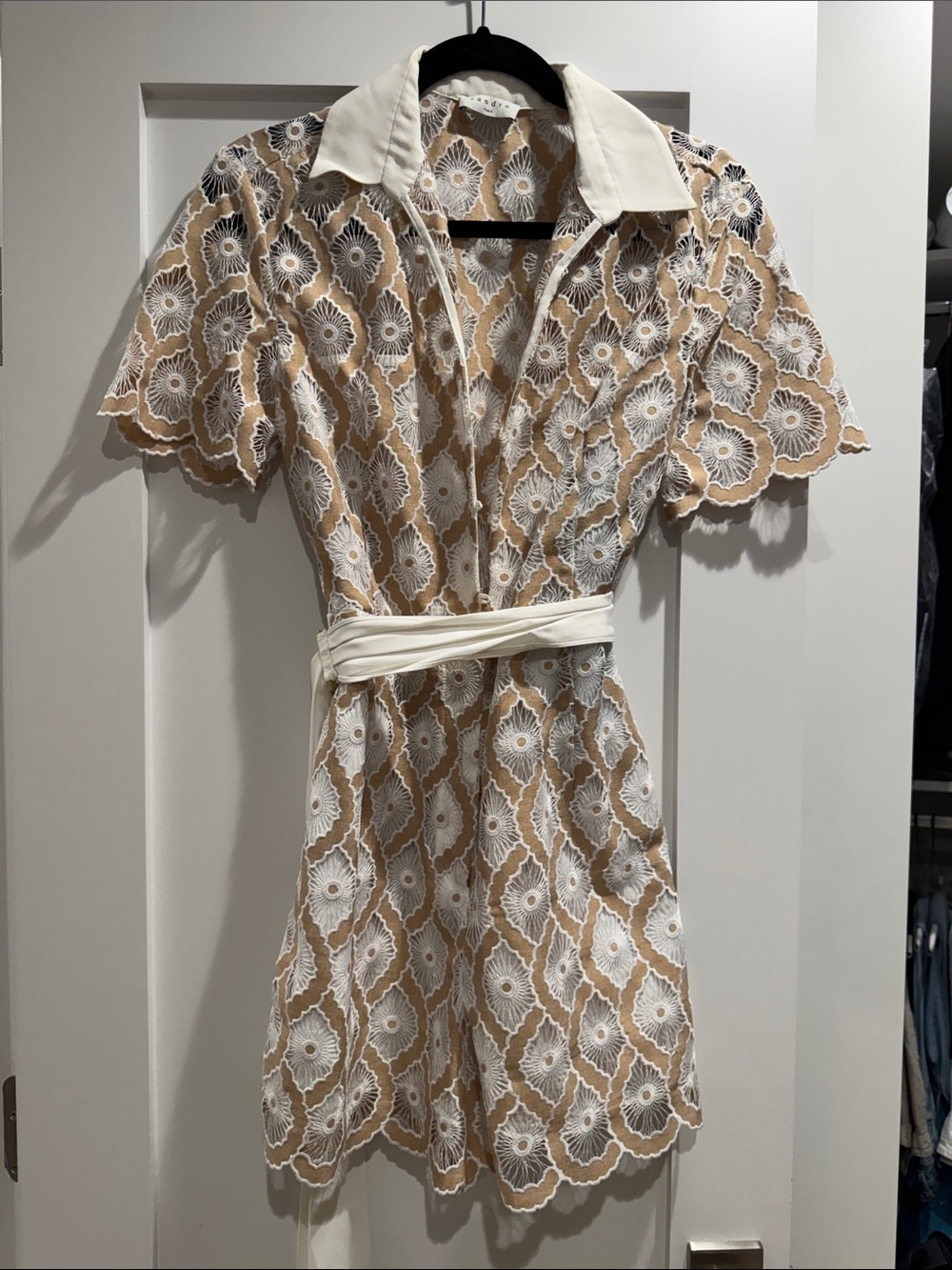 Sandro Beige and White Lace Romper with Belt